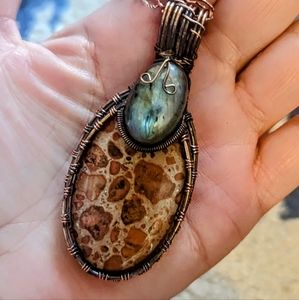 Asteroid Jasper and Labradorite pendant, copper wired